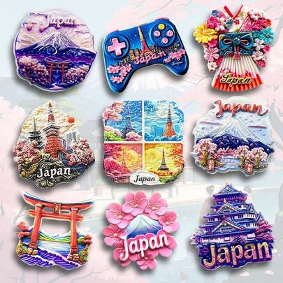 1 件树脂纪念品艺术冰箱贴家居装饰，代表日本文化地标，如东京塔、富士山、樱花、鸟居门、神社、大阪城、鲤鱼旗、北海道、本州、四国、名古屋、福冈、历史、创意、卡通、厨房、办公室、商店装饰