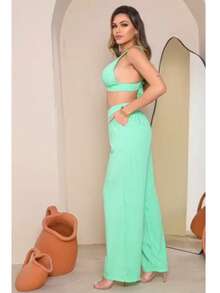 Conjunto Feminino Elegante Calça Com Bolsos Laterais E Cropped Com Amarrração Atrás - Verde Menta - Visão 2