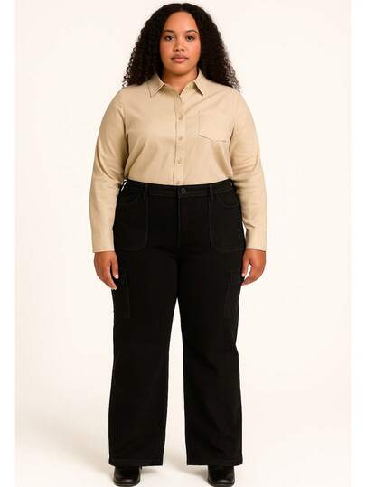 Pantalon Jeans Mezclilla Tallas Extras Bolsillos Laterales,Traseros y Bolsas de Cargo,Cintura Alta Pierna Ancha con Cremallera y Botón para Uso Diario con Strech Sexy Curvy Casual Formal e Informal Moda