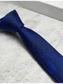 Luxury Men's Skinny Ties Polyester Silk Solid Polka Dot Striped Check Skinny Jacquard Groomsman Tie - 寶藍色 - 查看 4