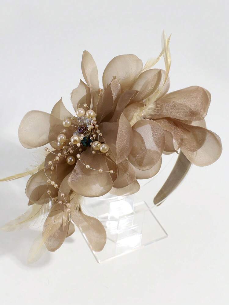 1pc Rhinestone Flower Festival Party Elegant Artificial Feather Headband, Hairband, Hair Hoop Headbands Hair Accessories Head Accessories - Brown - View 4
