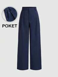 Vela Rue Hook & Zip Closure Lightweight Non-Sheer Solid Navy Blue Wide Leg Trousers, Slimming, All Season