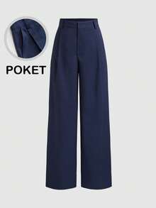 Vela Rue Hook & Zipper Closure Slim Fit Solid Navy Blue Wide Leg Trousers, Suitable For All Seasons