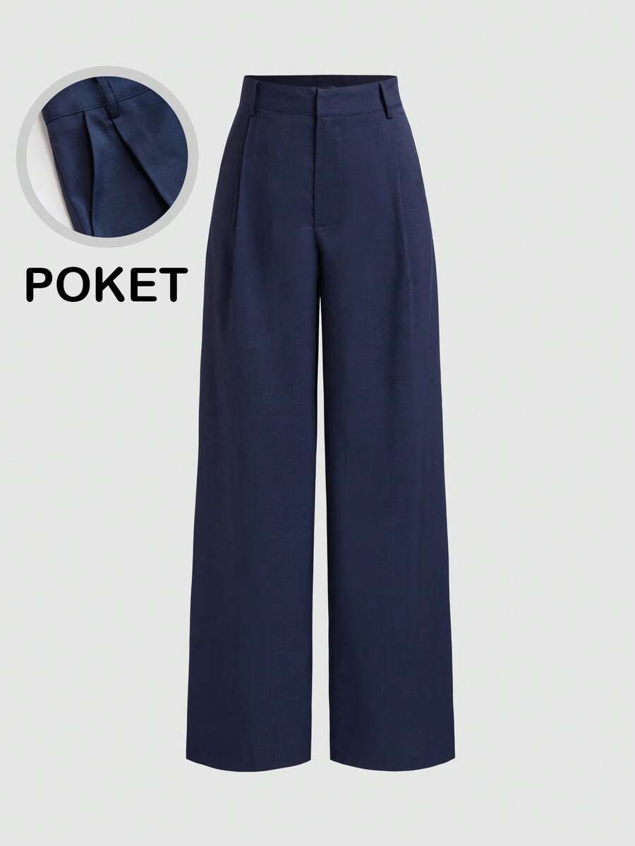 Vela Rue Hook & Zipper Closure Slim Fit Solid Navy Blue Wide Leg Trousers, Suitable For All Seasons