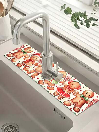 1 件圣诞水槽水龙头吸水垫、圣诞快乐姜饼人设计碗碟干燥垫、10*38/14*60 厘米吸水水槽周围盖、浴室和厨房水龙头垫、家居圣诞装饰、圣诞派对装饰、圣诞派对礼品、冬季装饰、理想的圣诞装饰礼物、台面保护垫、厨房水槽垫、洗脸盆保护垫