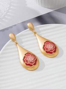 1 Pair Elegant Vintage Vibe Party Matte Metal Gold Water Drop Blue Enamel Rose Decor Women's Stud Earrings, Suitable For Formal Occasions