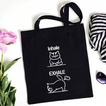 [Variation In Color Is A Normal Craftsmanship Phenomenon, Not A Defect]Cute Cat Handbag Cat Theme Tote Bag, Ideal Gift For Friends, Birthday, New Year, Inhale Exhale Printed Handbag Large Capacity  Simple Style Durable Tote Bags For Outdoor Picnic, Party, Traveling, Shopping - Black - View 10