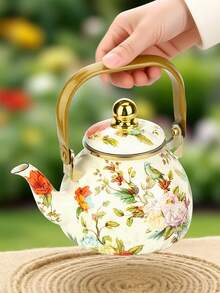 1.2L Large Capacity Enamel Coffee Pot, European Classic Bird & Flower Pear-Shaped Kettle, Thick Flat Bottom Design, (2 Cleaning Sponges Included), Suitable For Gas & Electric Stove, Coffee & Tea Brewing, Ideal For Outdoor Picnics, Family Gatherings, Holiday Parties, All Seasons