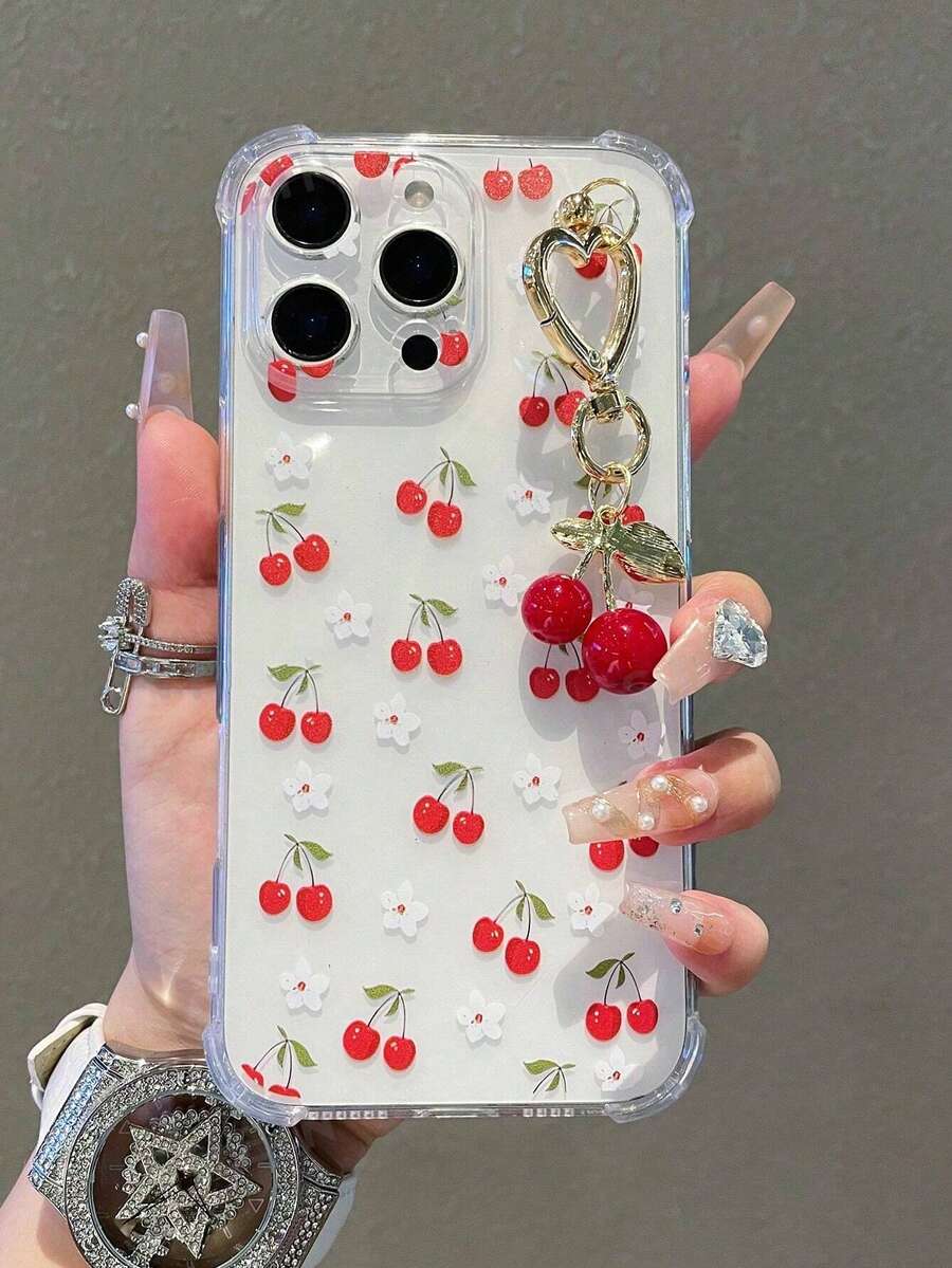 1 pieza Funda protectora de teléfono transparente de unicolor con lindo diseño de cereza y colgante de cereza, compatible con iPhone 17/17 Air/17 Pro/17 Pro Max/16/16 Pro/16 Plus/16 Pro Max/15/14/13/12/11/13, 14 Pro Max, 11 - Cubierta protectora suave de TPU que absorbe los golpes