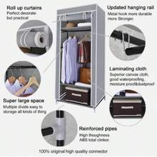 Single Fabric Canvas Wardrobe With Clothes Hanging Rail Shelving Storage Closet - Default - View 3