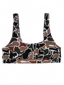 Basic Swimsuits For Women, Summer Duck Camo Bikini 2 Piece Set, Bathing Suits, Tankini Swimsuit, Fashion U Neck Bra And High Waisted Triangle Panty Set, Sexy Bodycon Bikini Bottom - 摩卡棕 - 查看 4