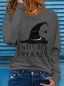 Halloween Costume Fun Witch Hat Graphic Tees, Fall Clothes For Women Daily Casual Comfortable Letter Print Long-Sleeved T-Shirts, Fall Outfits Going Out Tops Women,And Versatile For Home Or Outdoor,Spring And Summer