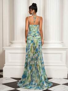 Romantic Floral Print Cinched Waist Backless Maxi Slip Dress