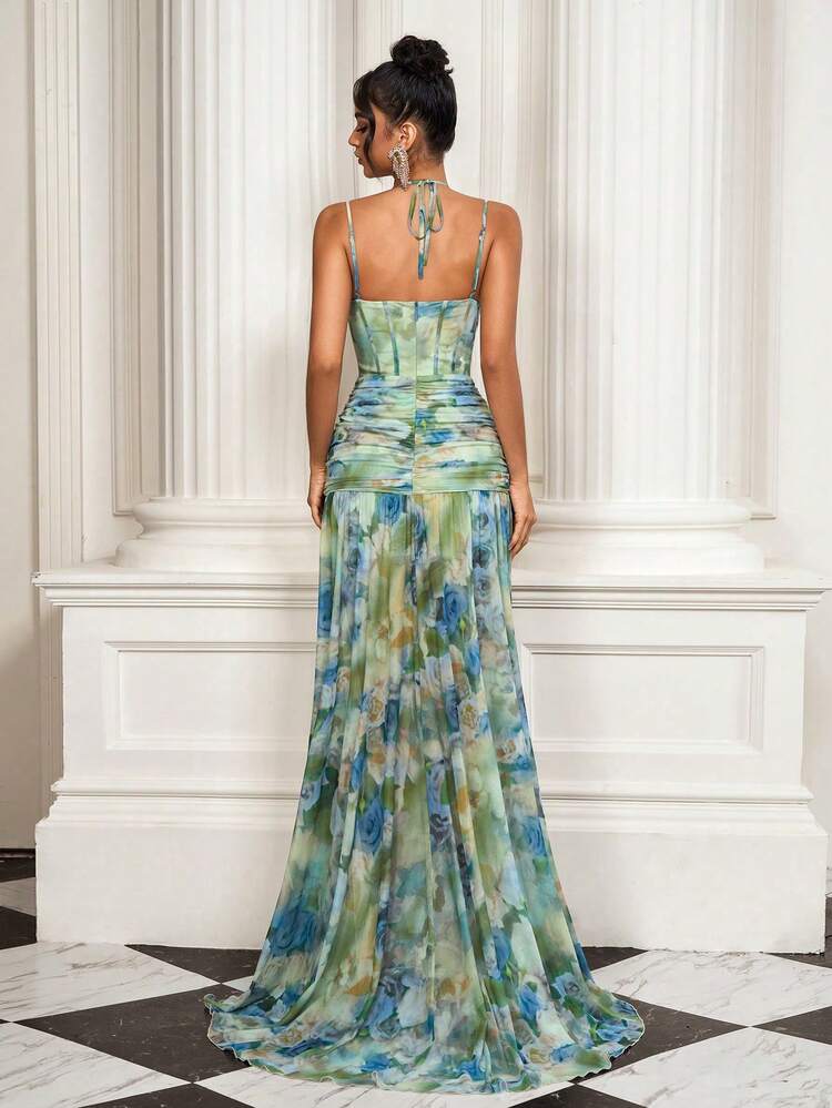 浪漫花卉印花束腰露背超长吊带裙 - 藍色 - 查看 2