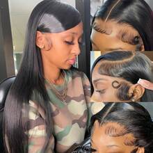 Eulisi 直发蕾丝前部假发 人发预拔 180% 密度 13x4 前部假发 人发 26 英寸高清透明蕾丝假发 10A 巴西处女人发假发 适合女性 带婴儿头发 自然发际线 - 黑色 - 查看 2