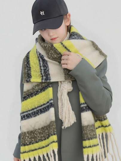 1 pièce Écharpe pour enfants à rayures jaune citron en fausse cachemire douce avec franges, coupe-vent chaud pour l'automne/l'hiver, convient aux enfants de 9 à 16 ans, pour l'extérieur, l'école, les anniversaires, les fêtes, les rassemblements