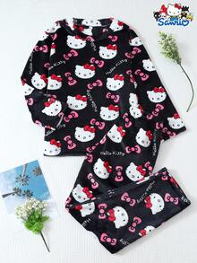 SANRIO 女士加绒睡衣套装，加厚长袖圆领上衣和长裤，柔软舒适休闲家居服套装，秋冬款 - 黑色 - 查看 2
