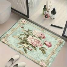 1pc Flannel Vintage Floral Bath Mat With Pink Roses & Green Leaves - Elegant Light Green Background, Soft Flannel Material, Perfect For Bathroom, Bedroom, Kitchen, Entryway, Indoor & Outdoor Home Decor, Indoor Decor Mat - 白色 - 查看 3