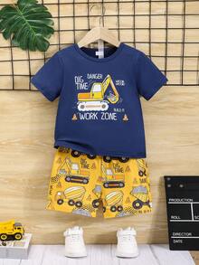 Young Boy Short Sleeve Printed T-Shirt And Shorts Set, Summer Casual Lightweight Outfit