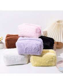 1pc Plush Cosmetic Bag Large Capacity Storage Bag Travel Portable Pencil Case Zipper Toiletry Bag Gift For Girls Women,Stationery - Multicolor - View 13