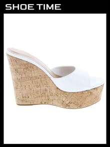 Women's Platform Wedge Slide Sandals – Open Toe Slip-On High Heel Mules With Cork Design - White - View 6