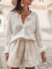 Women's Autumn Knit Cardigan, Semi-Sheer, Long Sleeve, Round Neck, Button Front, Minimalist Elegant, Essential Fashion Piece - White - View 3