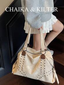 CHAIKA & KILTER 1 件纯色 PU 面料单肩包，女士复古休闲大容量手提包，大学生书包，缝线铆钉装饰双手柄设计，拉链开合，适合日常购物 - 米色 - 查看 4