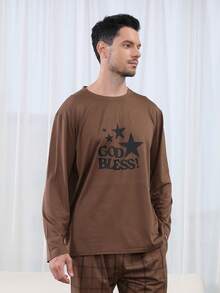 2 Stücke Herren Strick Pyjama Set, Langarm Hemd und lange Hose, kariertes Muster, lässige Loungewear