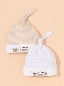2pcs Love Mom Dad Rabbit & Bear Valentine's Day Embroidered Print Soft Newborn Baby Hat, Cute Unisex Infant Beanie Cap Gift