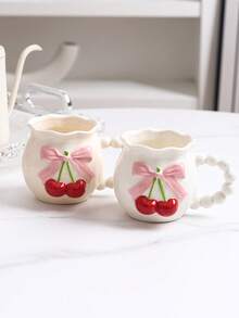 1pc Cute 3D Bowknot & Cherry Ceramic Coffee Mug, Romantic Dotted Yogurt Cup, Water Cup, Unique Creative Milk Cup, Suitable For Afternoon Tea, Daily Afternoon Tea / Best Choice For Girlfriend Gathering