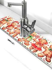 1Pc Christmas Sink Faucet Absorbent Pad,Merry Christmas Dish Drying Mat Including Snowflake,Red White Floral,Gingerbread Man And Christmas Tree Style,10*38/14*60cm Durable And Absorbent Sink Surround Cover,Bathroom And Kitchen Faucet Mat,Christmas Decorations For Home,Xmas Party Decor,Christmas Party Favors,Winter Decorations,Ideal Christmas Decoration Gift,Countertop Protector, Kitchen Sink Mat,Washbasin Protector - Multicolor - View 9