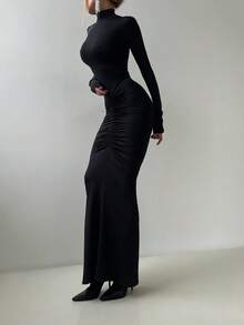 Solid Color Elegant Ruched Mock Neck Long Sleeve Bodycon Dress Black Spring - Black - View 5