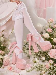 Lace Up Mary Jane Heels For Women Platform Chunky Heeled Shoes Goth Round Toe Y2K High Heels Lively Red Look - 淺粉色 - 查看 7