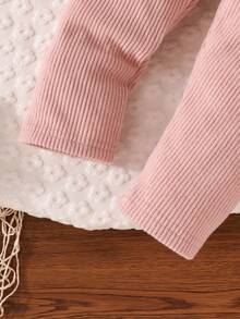 2pcs/Set Baby Girls Casual Solid Color Ribbed Heart Embroidery Peter Pan Collar Long Sleeve Top + Solid Color Ribbed Pants, Comfortable & Versatile Outdoor Outfit, Autumn/Winter - Pink - View 8