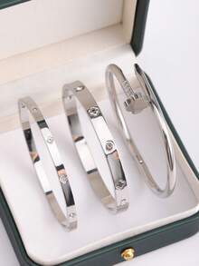 3pcs 18K Gold Plated Stainless Steel Four-Leaf & Three-Leaf Clover Bangle Bracelet Set, Suitable For Women's Party, Daily Wear, European & American Style, Personalized, Generous, Luxury Cubic Zirconia Wristband, Wedding Jewelry Set, Gift For Girls, Women, Relatives, Friends, Beautiful Wedding, Birthday, Valentine's Day, Mother's Day - Silver - View 15