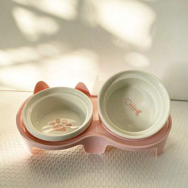 2 Stücke Keramik Katzen Näpfe + PP Ständer, Keramik Doppelnäpfe, schräges Design mit hohem Fuß, Katzen Futter- und Wassernäpfe, Haustier Zubehör