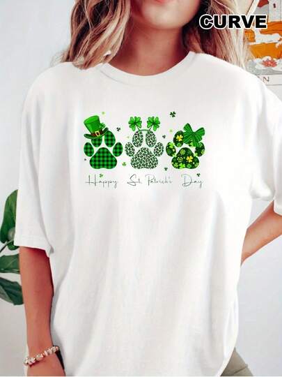 Celebrate In Style: Women's 180g White Cotton Crew Neck Short Sleeve St. Patrick's Day T-Shirt With Adorable Leprechaun Green Paw Print Design, Fun Shamrock Dration, And Happy St. Patrick's Day Graphic For Irish Festivities