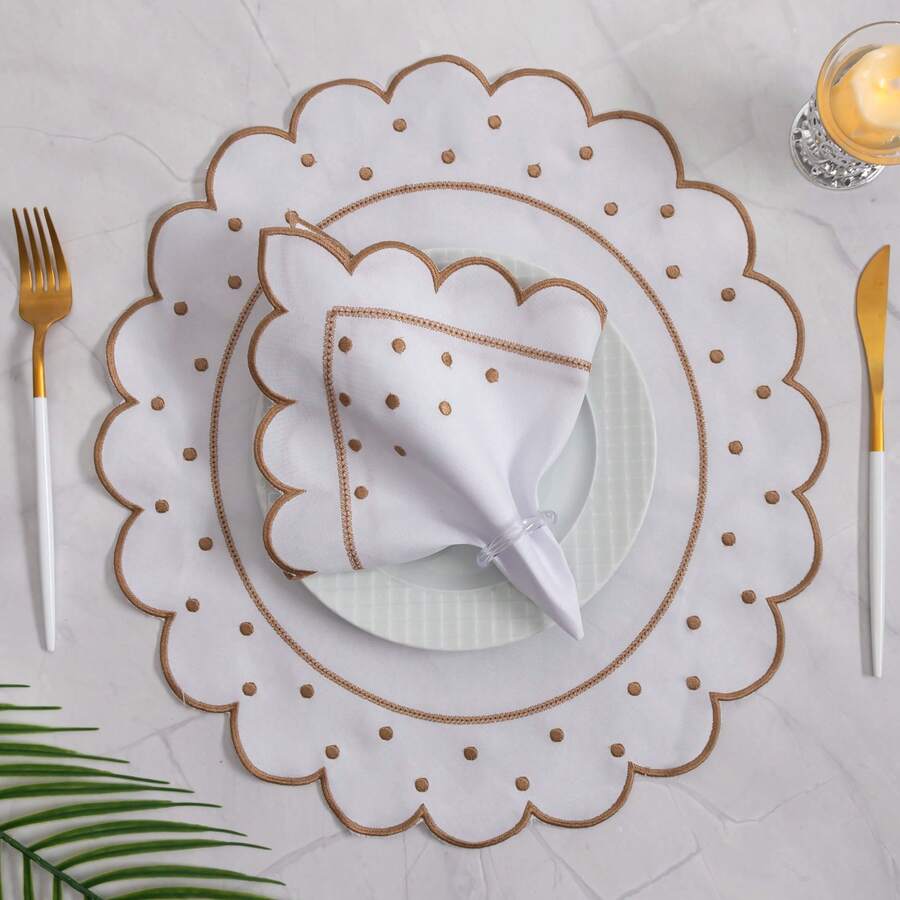 Placemat Kit, Embroidered Placemat, Round/Rectangular Table Placemat And Napkins - 象牙色圓點 - 查看 1