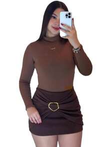 Shorts Set With Buckle And Long Sleeve Bodysuit With High Neck, Elegant And Casual, Nightclub Party - 鏽棕色 - 查看 4