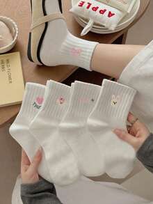 5双装儿童白色蝴蝶结、兔子、花卉蕾丝弹力中筒袜，春夏款 - 彩色 - 查看 2