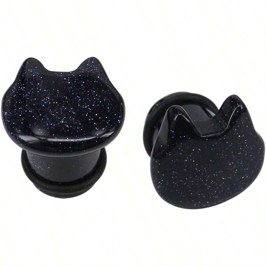 Cute Cat Natural Organic Stone Ear Plug Single Flare Ear Tunnel Gauge Stretcher Ear Expander Piercing 2g5 8 - 藍砂岩,規格=2g(6mm) - 查看 1
