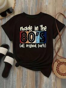 Camiseta de manga corta con cuello redondo y estampado vibrante del alfabeto - Tejido de poliéster de elasticidad media, longitud regular, estilo casual, estampado de los 80 - Perfecta para todas las estaciones - Negro - Ver 1