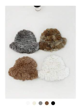 1 件兔毛针织蓬松帽，适合女士，温暖毛茸茸的帽子，头围较大，讨人喜欢的渔夫帽，时尚兔毛针织渔夫帽，适合冬季户外，别致