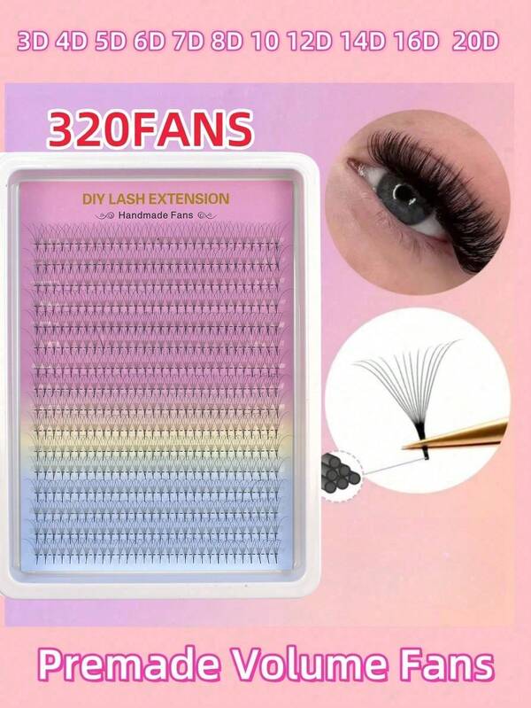 320 Ventagli Premontati Ricci D, Estensioni di Ciglia Individuali 3D 4D 5D 6D 7D 8D 10D 12D 14D 16D 20D, Stelo Appuntito, Faux Mink