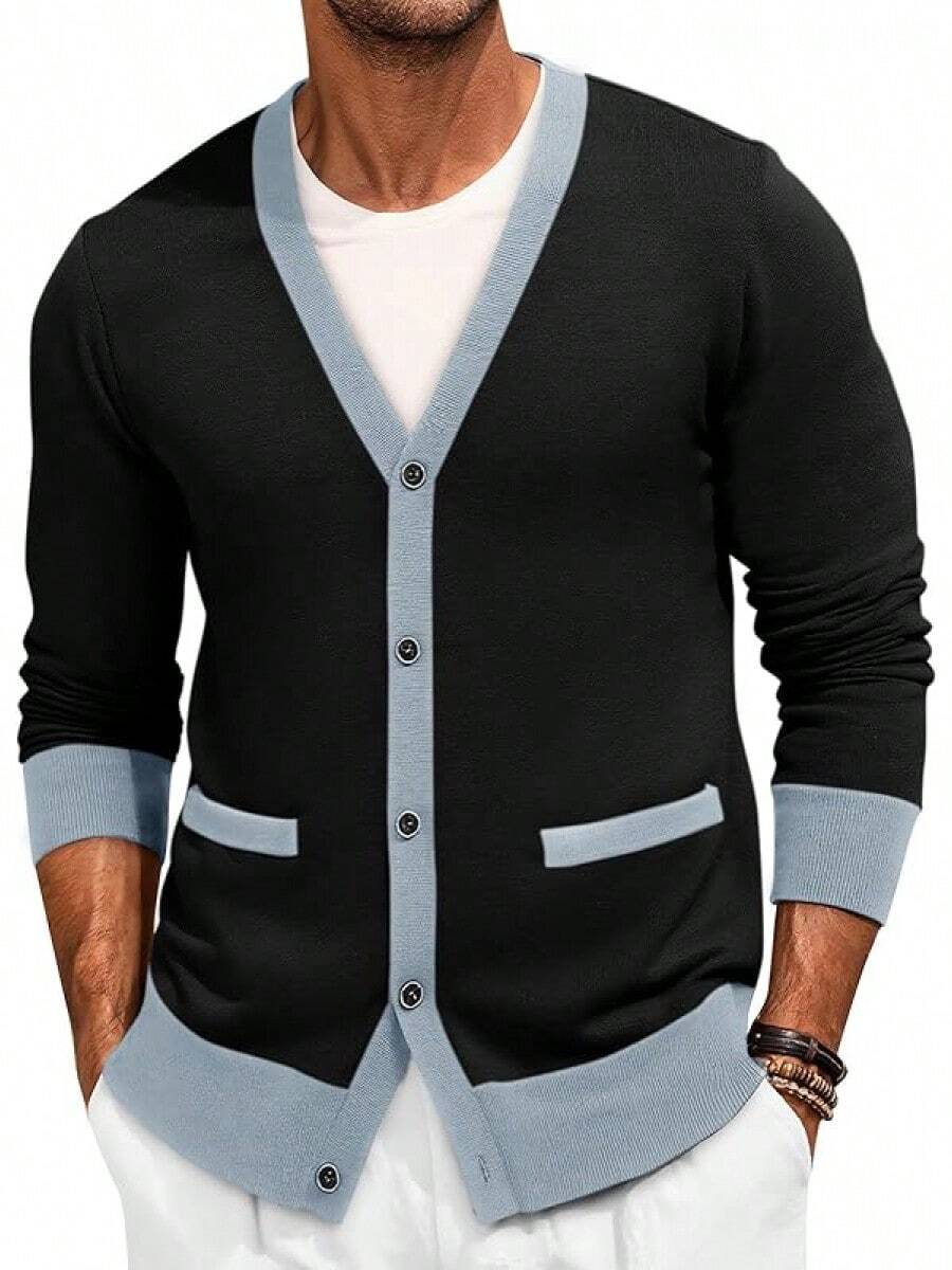 Men's Long Sleeve Button Down Knitted Cardigan Sweater With Pockets, Casual Style - 黑色 - 查看 1