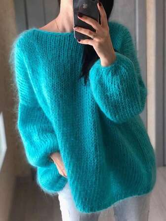 Women's Casual Elegant Knitted Sweater For Autumn/Winter, Solid Color Long Sleeve Loose Crew Neck Pullover, Soft Fuzzy Details, Comfortable Warm Knitted Blend Ladies Apparel, Suitable For Streetwear, School, Daily, Home, Office