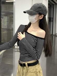 Women Slim Fit Casual Striped Oblique Shoulder Long Sleeve Layering T-Shirt, Minimalist Spring/Autumn Top