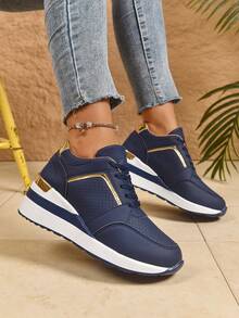 2025秋冬新款纯色系带休闲运动鞋，时尚透气百搭休闲畅销运动鞋，舒适增高，2025新款时尚舒适休闲运动鞋适合大码女士，适合所有季节，春夏秋冬，优雅，性感，低价，休闲，运动，户外，派对，婚礼，情人节 - 藍色 - 查看 4