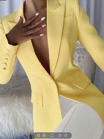 女式纯色翻领长袖单排扣腰部修身优雅西装外套，黄色长袖常规版型西装外套，带纽扣和口袋，无弹力涤纶面料