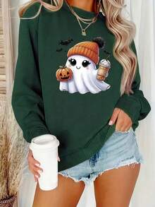Halloween Costume Fun Cute Cartoon Ghost Pumpkin Pattern Top,Fall Clothes For Women Casual Sports Crew Neck Long Sleeve Sweatshirt,For Outdoor Sudaderas De Mujer